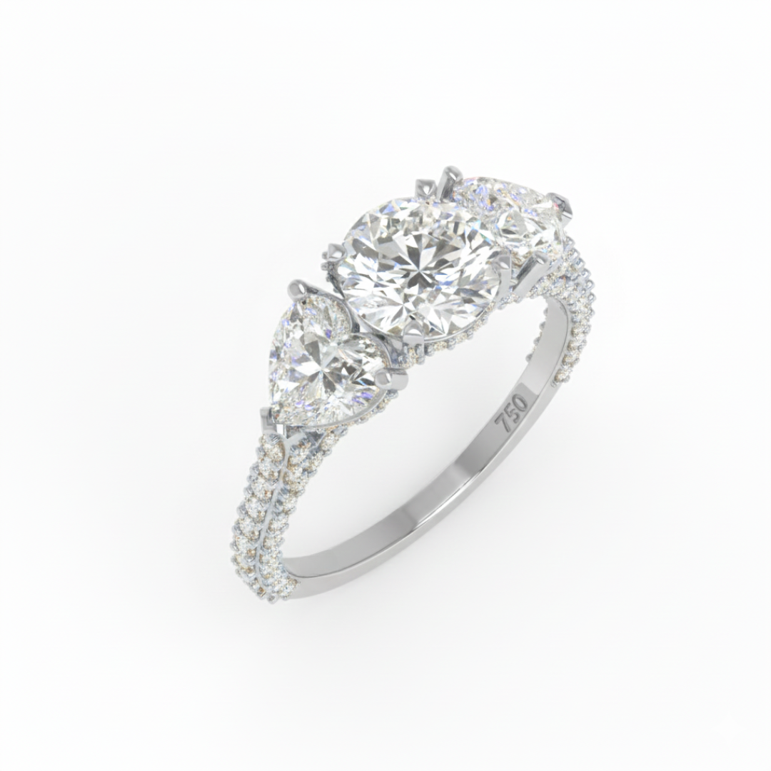 Vidhi Round Cut Diamond Engagement Ring with Heart Cut Side Diamonds and 3D Diamond Band