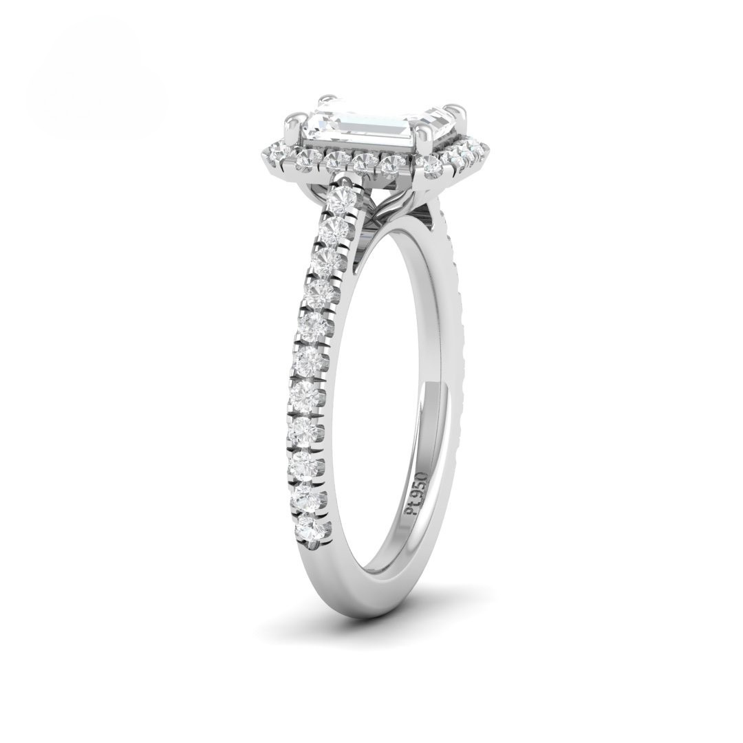 Belle Emerald Cut Diamond Engagement Ring with Diamond Halo & Diamond Band