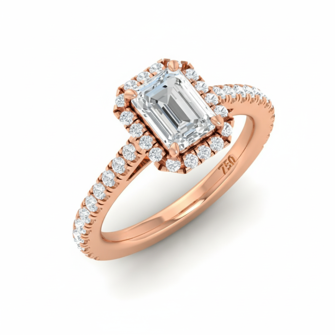 Belle Emerald Cut Diamond Engagement Ring with Diamond Halo & Diamond Band
