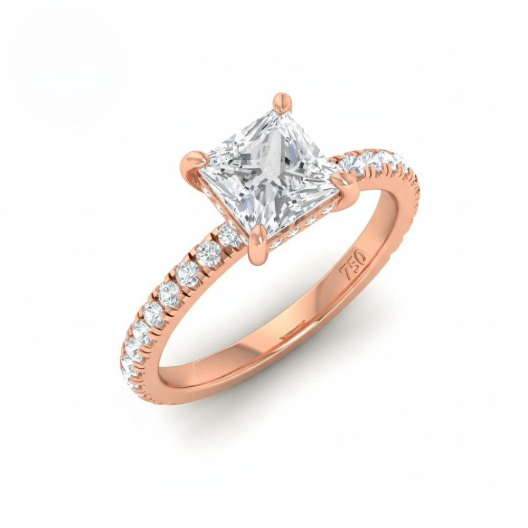 Lila Princess Cut Diamond Engagement Ring with Diamond Hidden Halo and Diamond Band