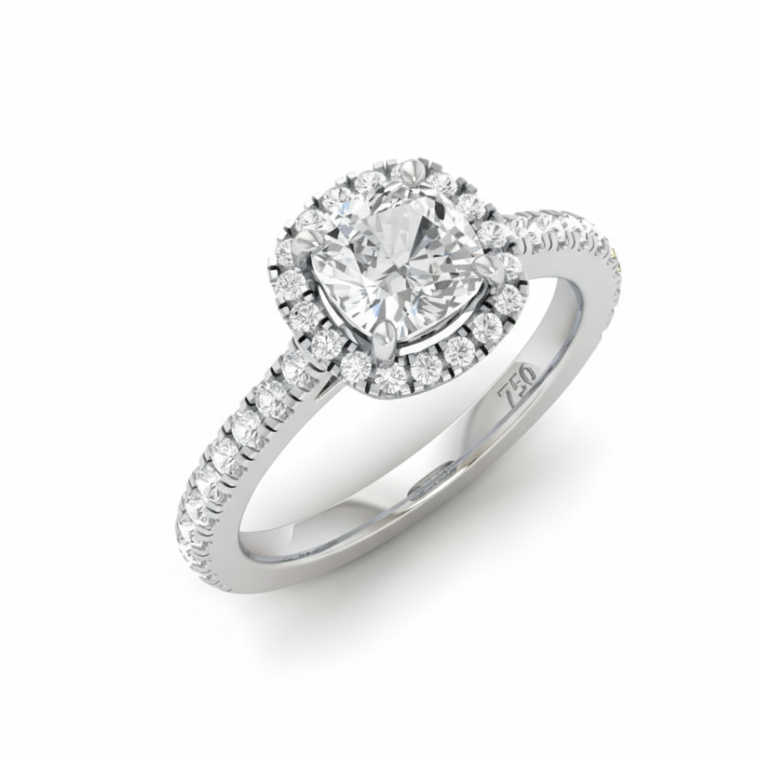 Belle Cushion Cut Diamond Engagement Ring with Diamond Halo & Diamond Band