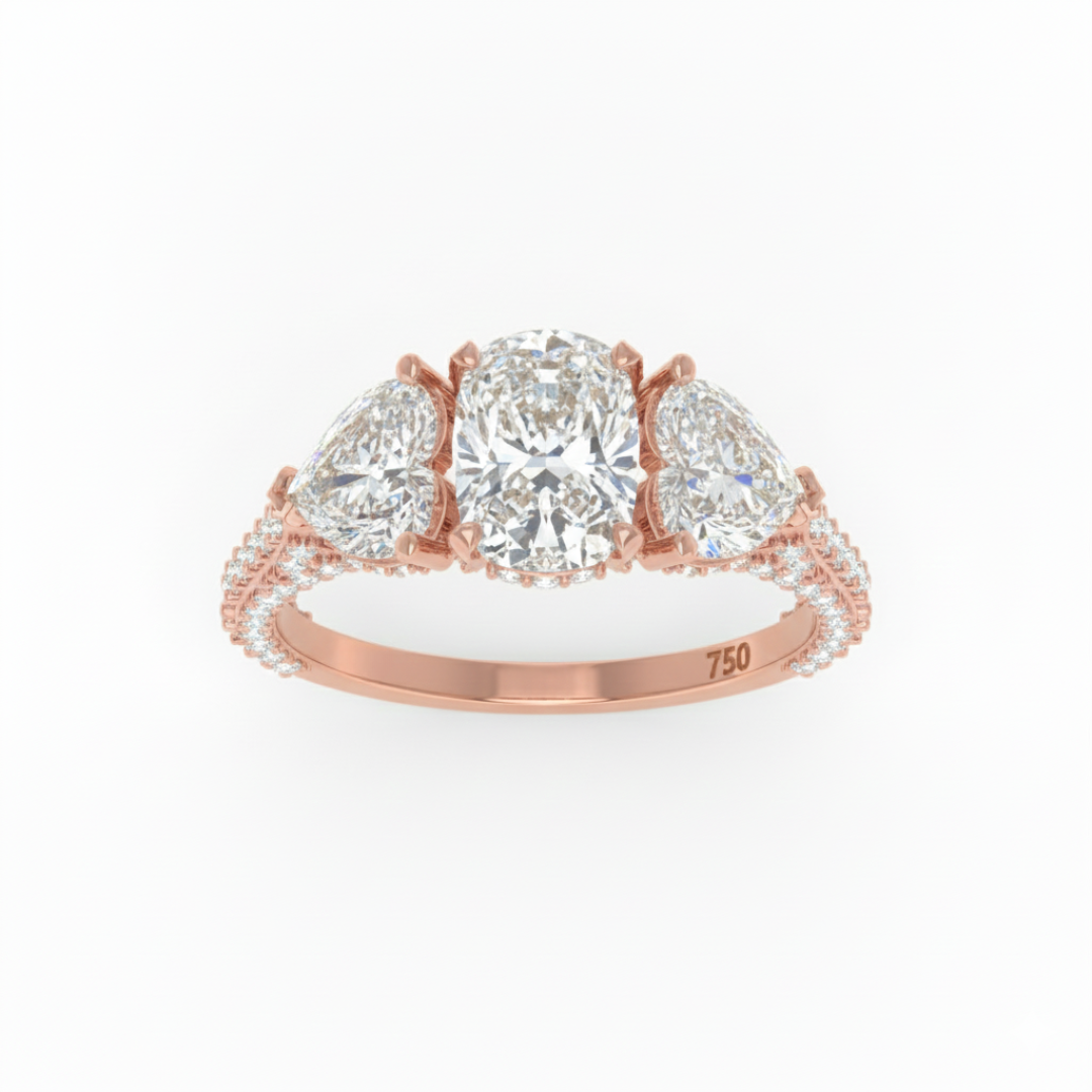 Vidhi Cushion Cut Diamond Engagement Ring with Heart Cut Side Diamonds and 3D Diamond Band