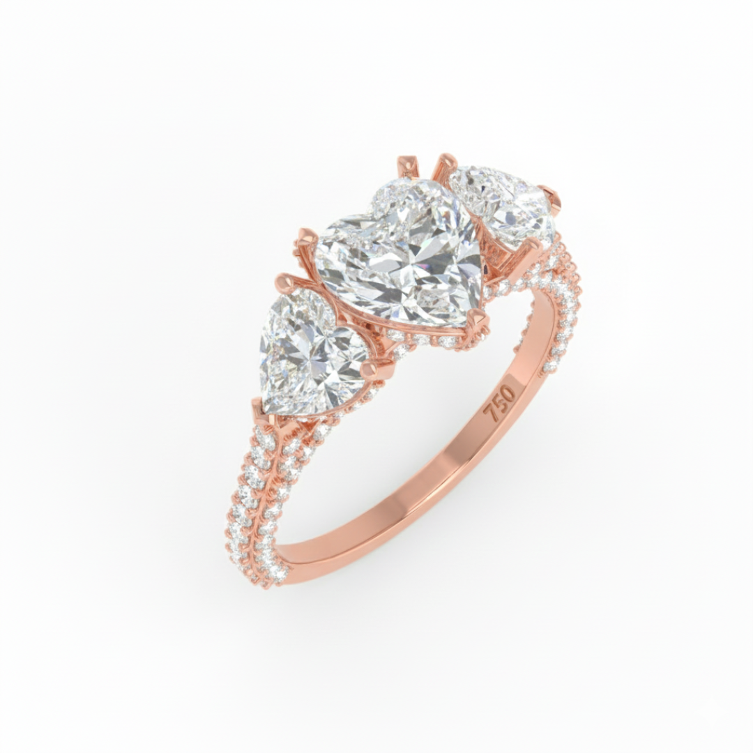 Vidhi Heart Cut Diamond Engagement Ring with Heart Cut Side Diamonds and 3D Diamond Band
