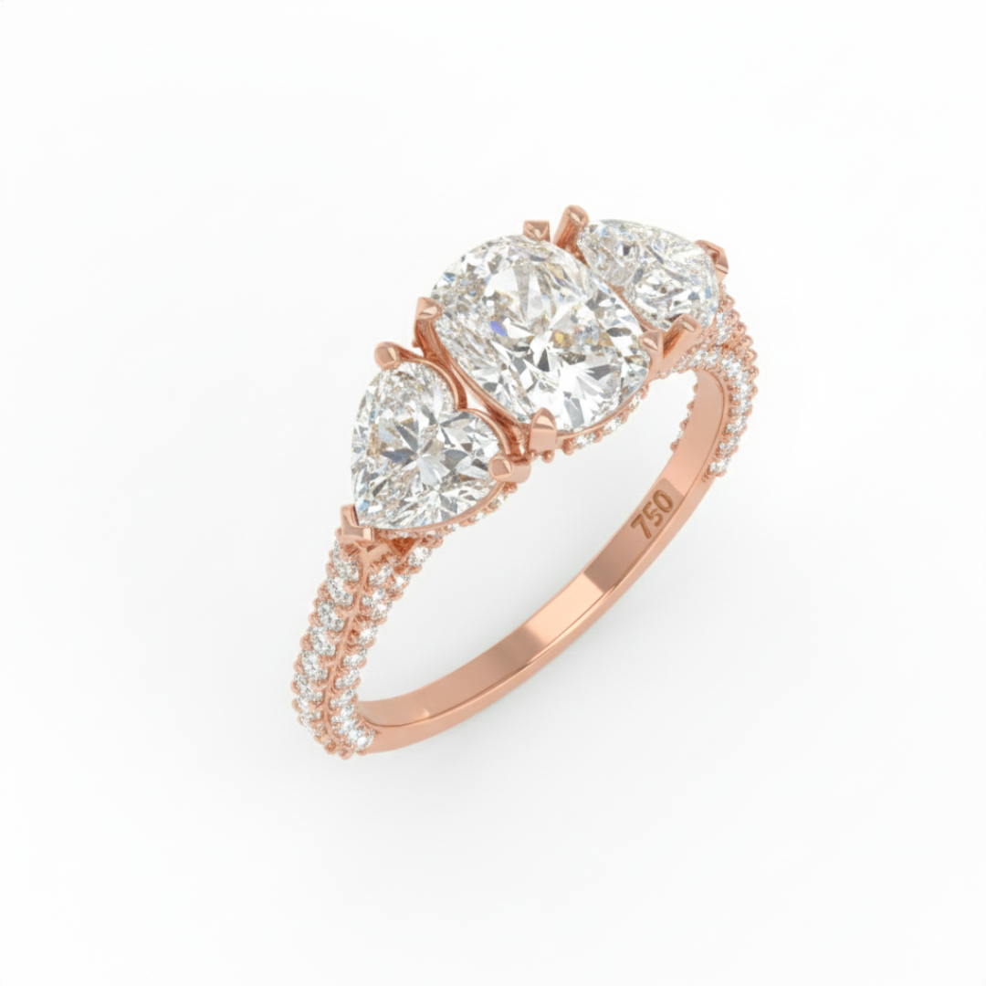 Vidhi Cushion Cut Diamond Engagement Ring with Heart Cut Side Diamonds and 3D Diamond Band