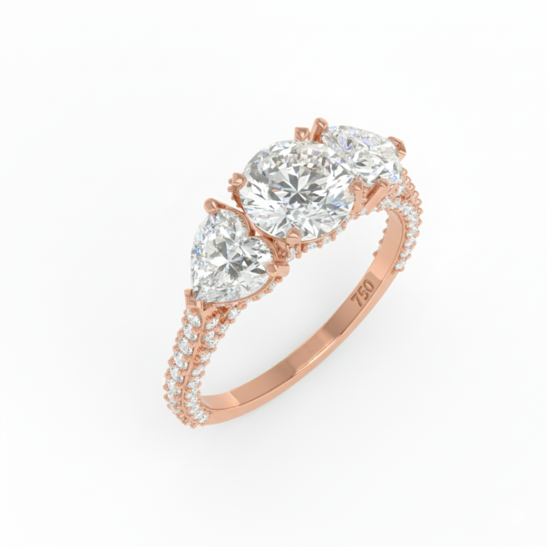 Vidhi Round Cut Diamond Engagement Ring with Heart Cut Side Diamonds and 3D Diamond Band