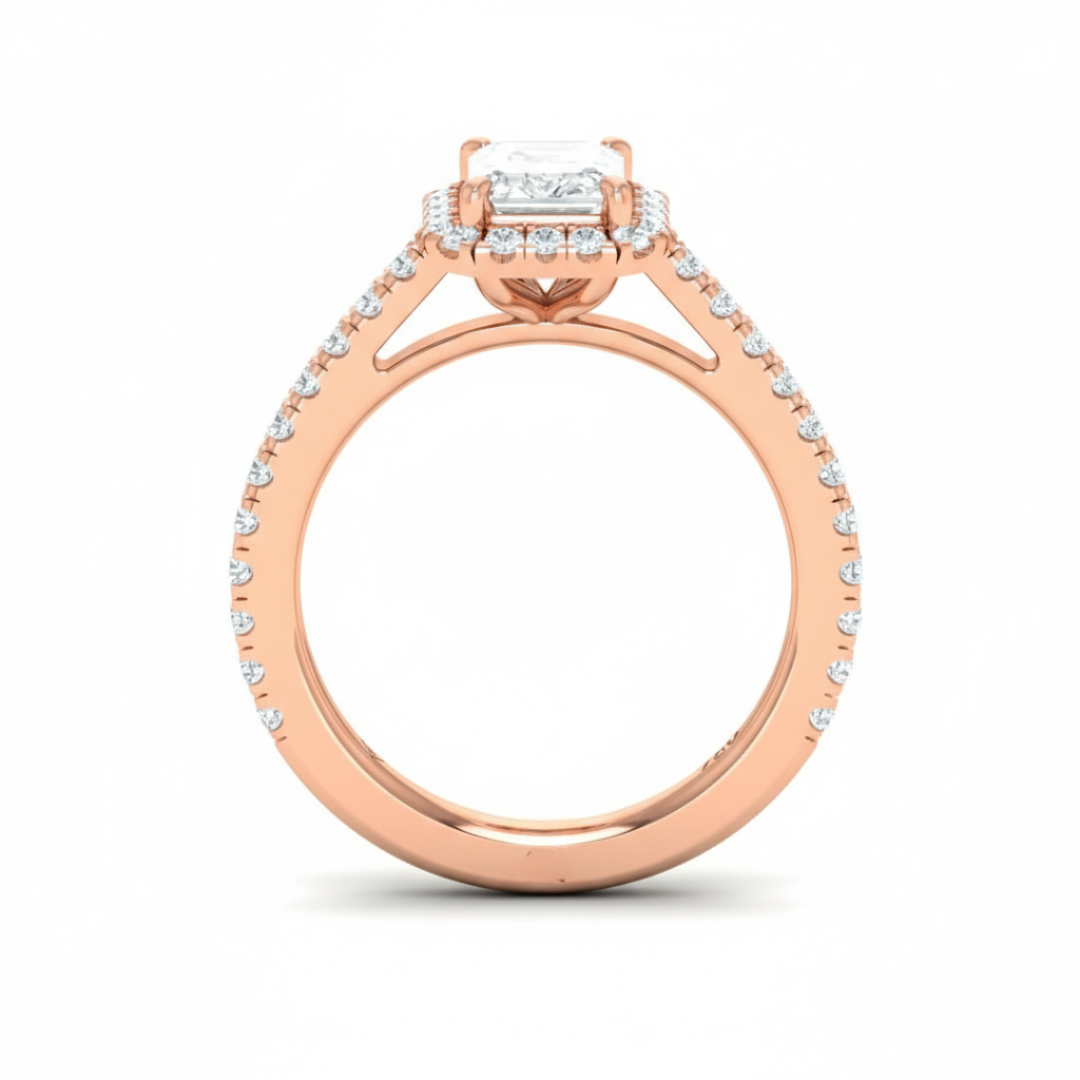 Belle Emerald Cut Diamond Engagement Ring with Diamond Halo & Diamond Band
